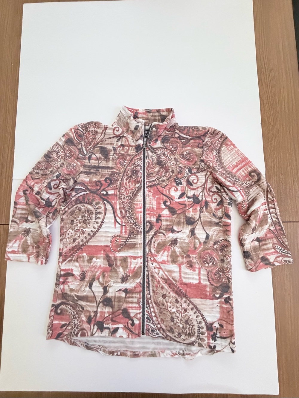 Onque Casuals Paisley Print Zip-Front Jacket in Coral, Beige and Brown PS
